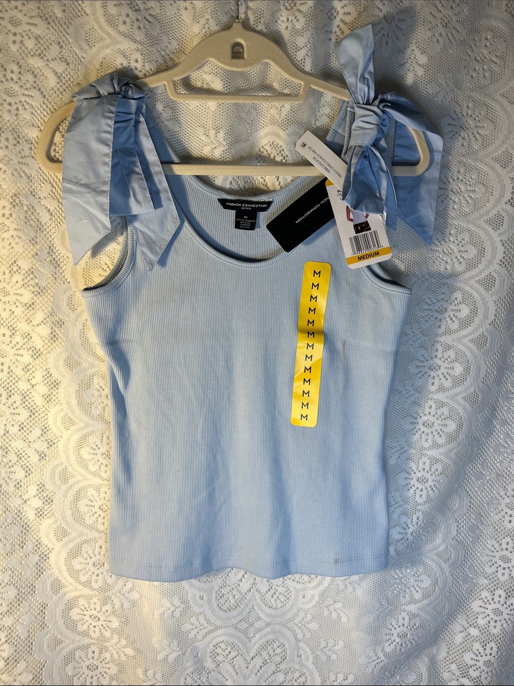French Connection Pale Blue Ribbed Tank with Tie Shoulder Straps NWT M